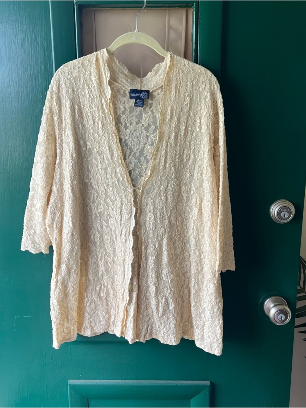 Venezia Cream Lace Knit Top with Navy Logo Tag
